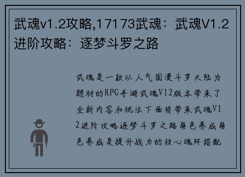 武魂v1.2攻略,17173武魂：武魂V1.2进阶攻略：逐梦斗罗之路