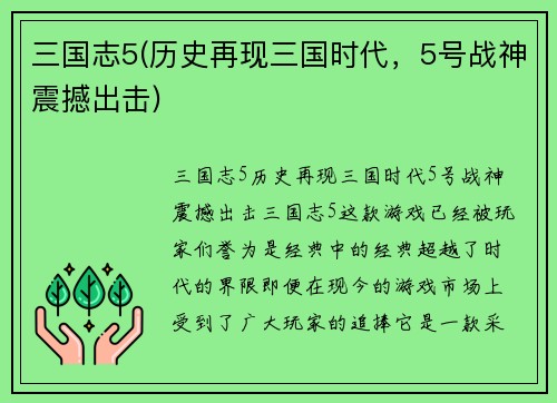 三国志5(历史再现三国时代，5号战神震撼出击)